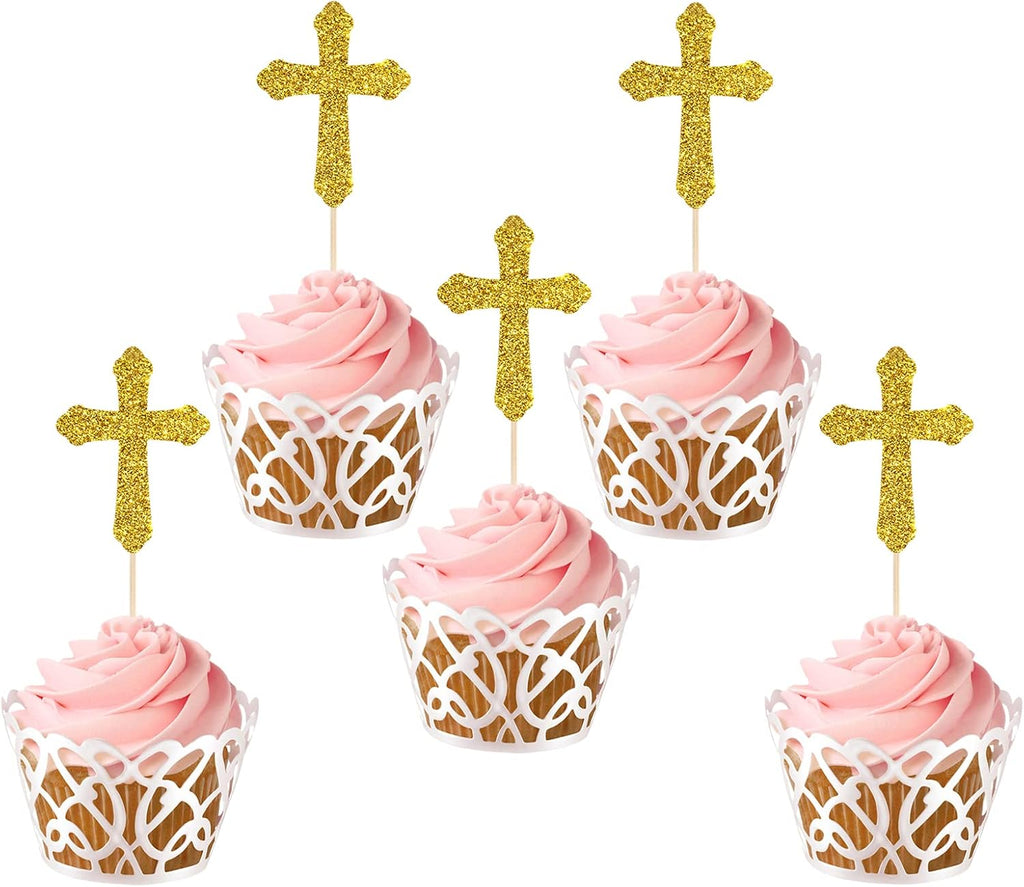 Labakita 24 Pcs Christening Crosses Cupcake Toppers, God Bless Cupcake Toppers, First Communion, Baby Shower, Baby Baptist Cupcake Decor, First Communion Party Decorations (Gold)