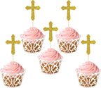 Labakita 24 Pcs Christening Crosses Cupcake Toppers, God Bless Cupcake Toppers, First Communion, Baby Shower, Baby Baptist Cupcake Decor, First Communion Party Decorations (Gold)