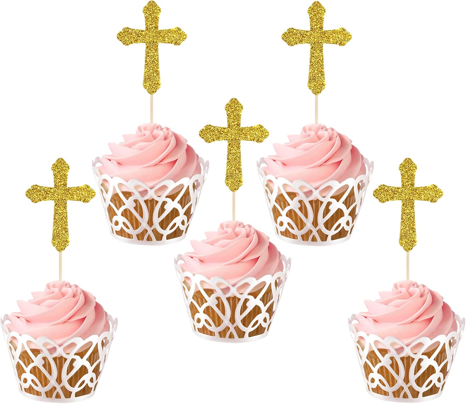 Labakita 24 Pcs Christening Crosses Cupcake Toppers, God Bless Cupcake Toppers, First Communion, Baby Shower, Baby Baptist Cupcake Decor, First Communion Party Decorations (Gold)