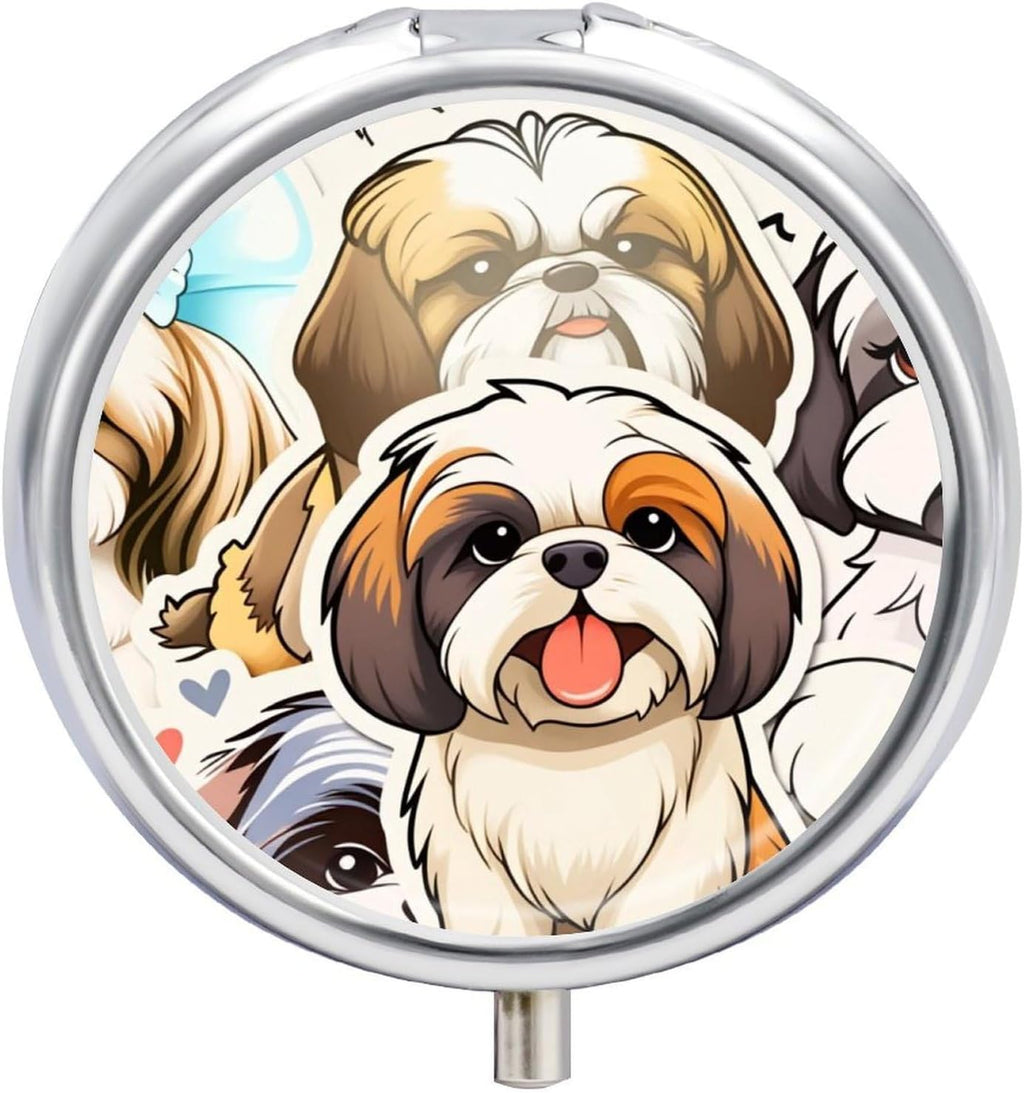 Cute Dog Metal Round Pill Box, 3 Compartment Travel Organizer, Portable Pill Container with Secure Latch, 2 Inch Circular Vitamin Caddy for Pills and Vitamins, Gift for Him Her Elderly