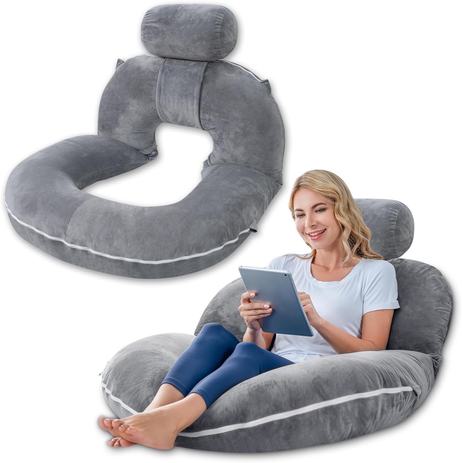 INSEN Reading Pillow, Back Pillow for Sitting in Bed for Reading, Nurse & Relax, Reading Pillow for Adults, Moms & Kids, Sit Up Pillow for Bed (Grey, 51in)