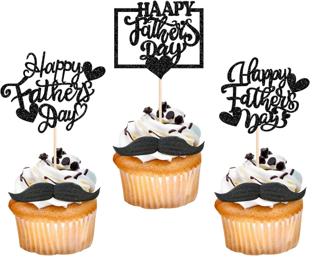 24 Pack Happy Father's Day Cupcake Toppers Glitter Love Heart Love Dad Best Dad Cupcake Picks for Father's Day Theme Men Birthday Party Cake Decorations Supplies Black