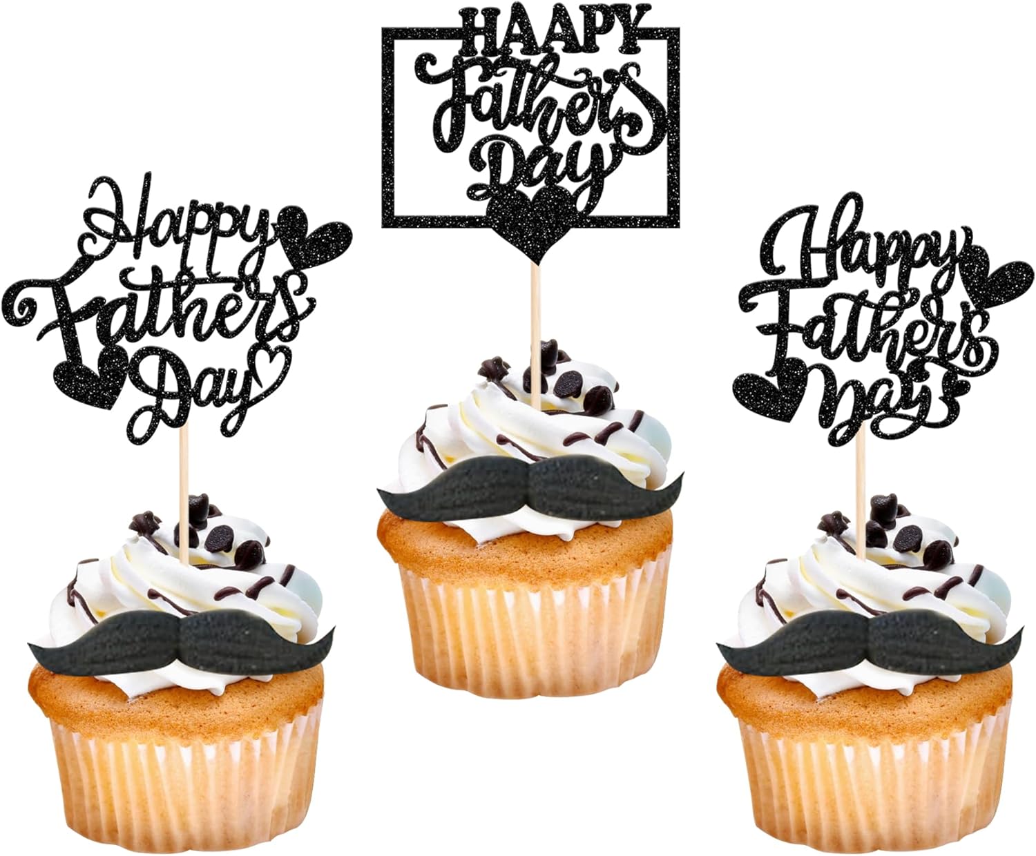 24 Pack Happy Father's Day Cupcake Toppers Glitter Love Heart Love Dad Best Dad Cupcake Picks for Father's Day Theme Men Birthday Party Cake Decorations Supplies Black