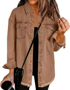 Jean Jacket Women Oversized Distressed Button Down Denim Shirt Jacket Casual Fall Vintage Long Sleeve Denim Shacket