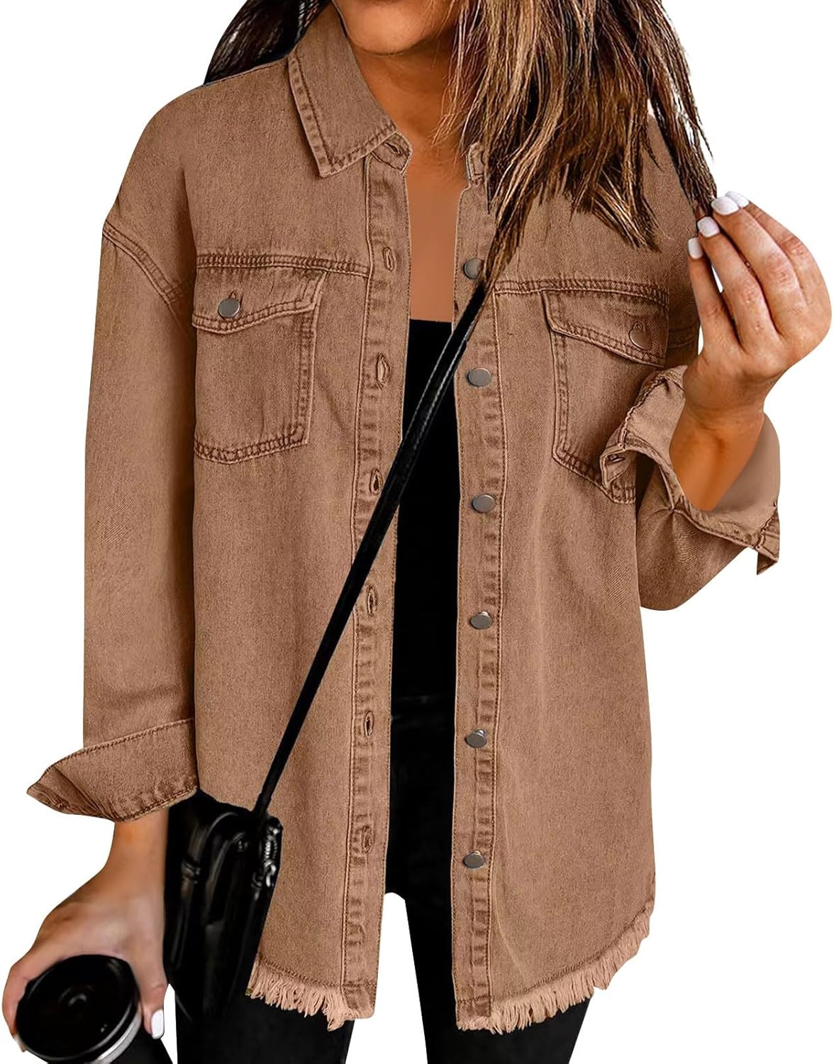 Jean Jacket Women Oversized Distressed Button Down Denim Shirt Jacket Casual Fall Vintage Long Sleeve Denim Shacket