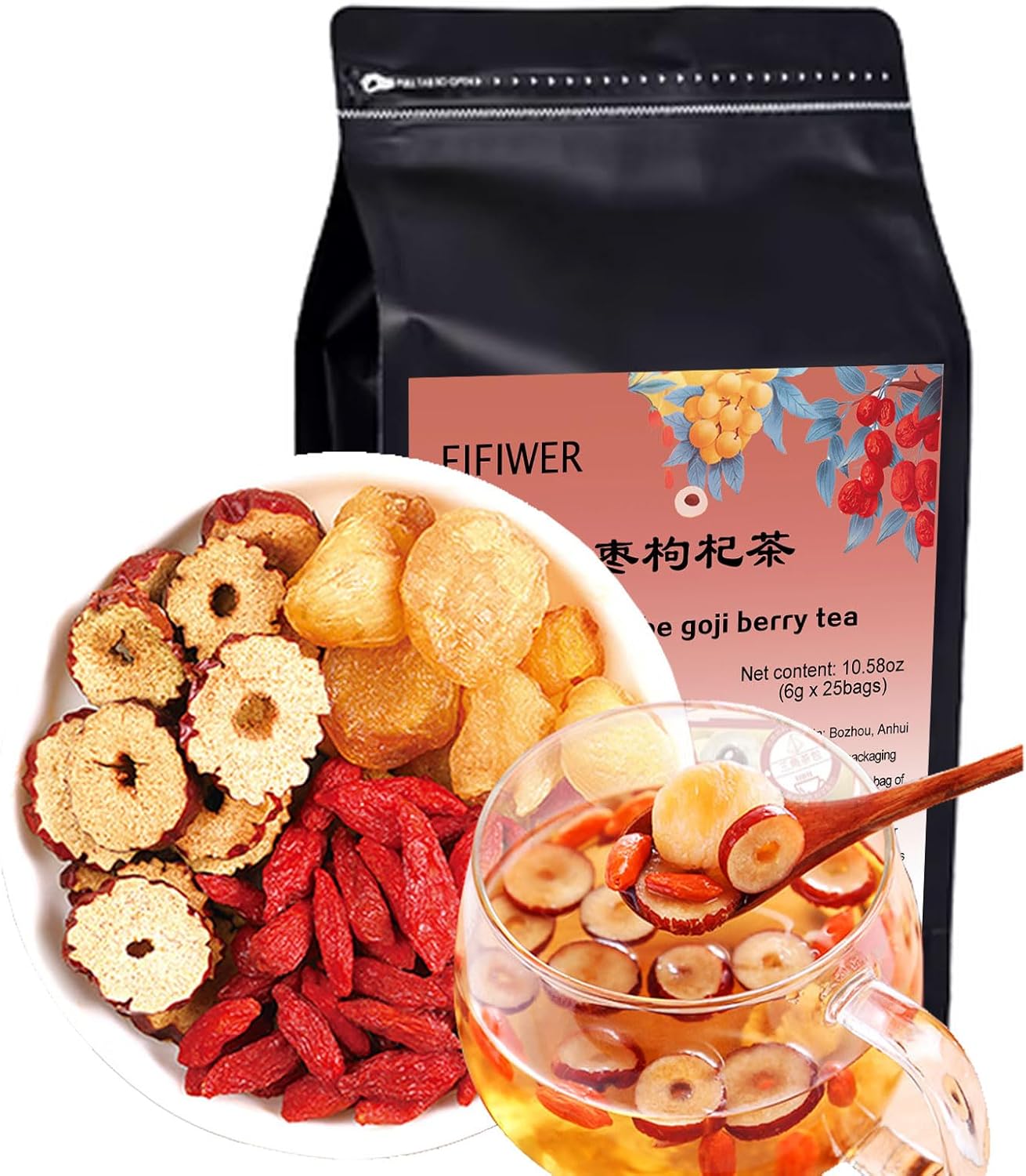 Longan Jujube Wolfberry Fruit Tea 10.58 Ounces, Red Date Longan Goji Berry Tea Combination Tea Bag