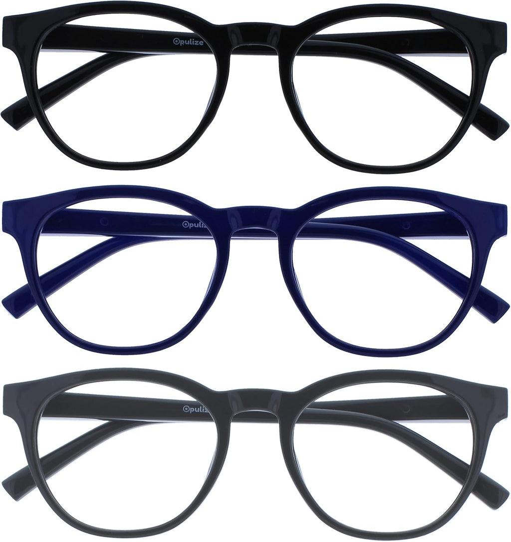 OPULIZE BLU Blue Light Blocking Reading Glasses for Women Men, Cool Round Frame with Anti-Glare Computer and Gaming Eyewear, UV and Eyestrain Protection, Black Blue Grey +2.00 (Pack of 3)