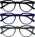OPULIZE BLU Blue Light Blocking Reading Glasses for Women Men, Cool Round Frame with Anti-Glare Computer and Gaming Eyewear, UV and Eyestrain Protection, Black Blue Grey +1.00 (Pack of 3)