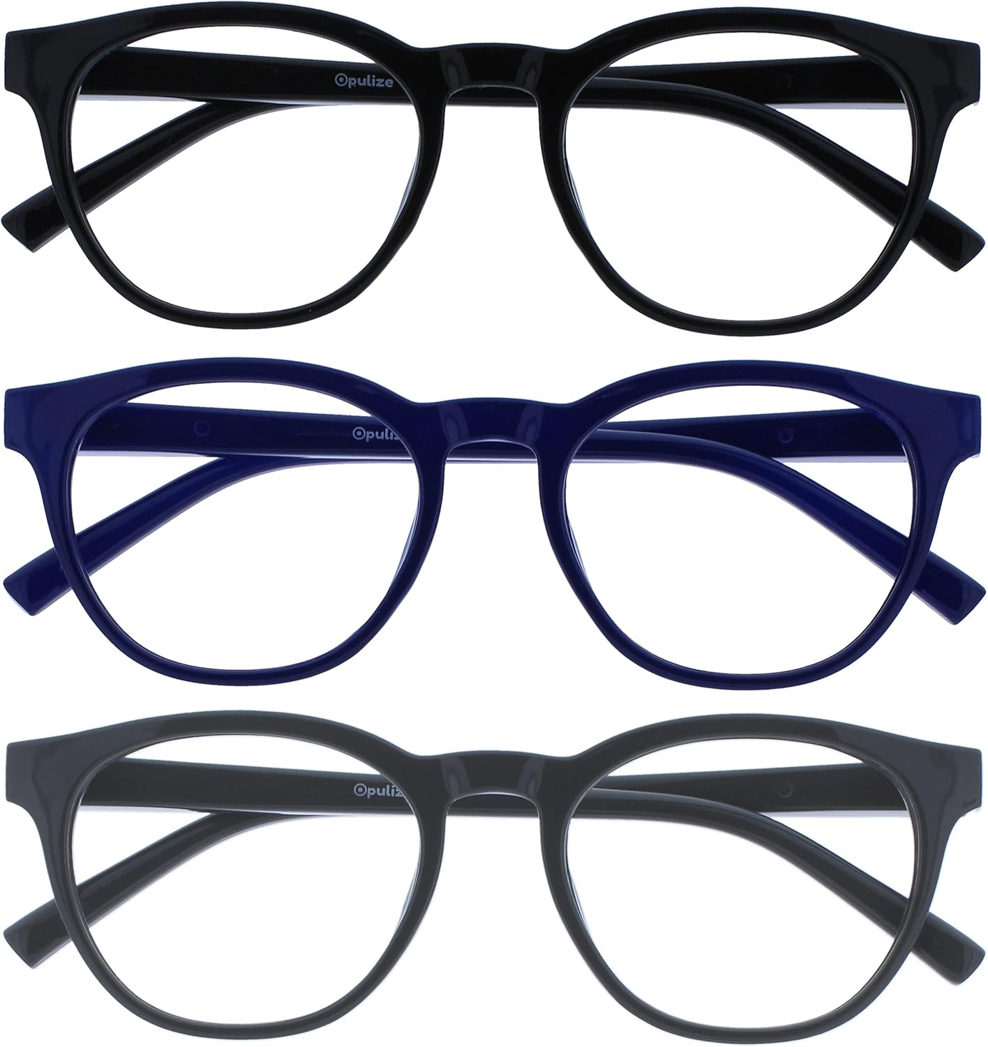 OPULIZE BLU Blue Light Blocking Reading Glasses for Women Men, Cool Round Frame with Anti-Glare Computer and Gaming Eyewear, UV and Eyestrain Protection, Black Blue Grey +1.00 (Pack of 3)