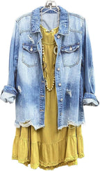 SCOFEEL Women Denim Shirt Jacket Long Sleeve Button Shacket Coat Distressed Washed Ripped Frayed Hem Jean Jacket