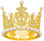 Women Girls Retro Man-made Pearl Crown Bride Tiara Cake Topper Decoration For Wedding Birthday Prom Queen Pageant