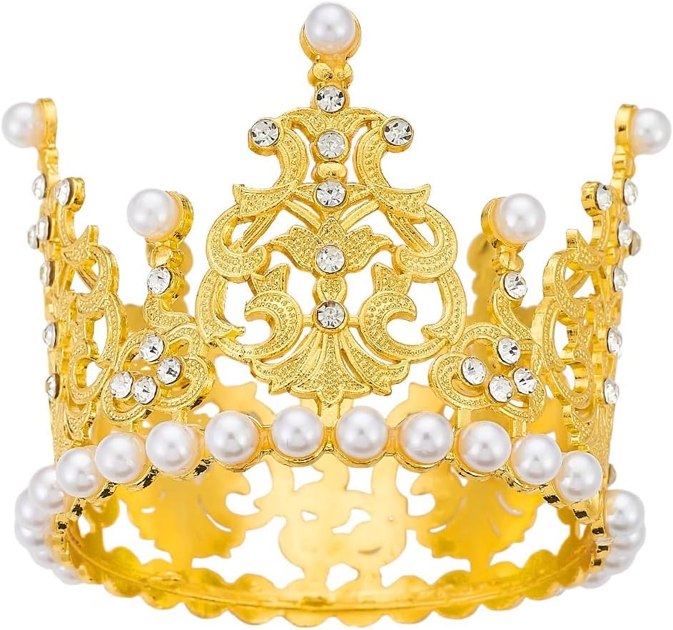 Women Girls Retro Man-made Pearl Crown Bride Tiara Cake Topper Decoration For Wedding Birthday Prom Queen Pageant