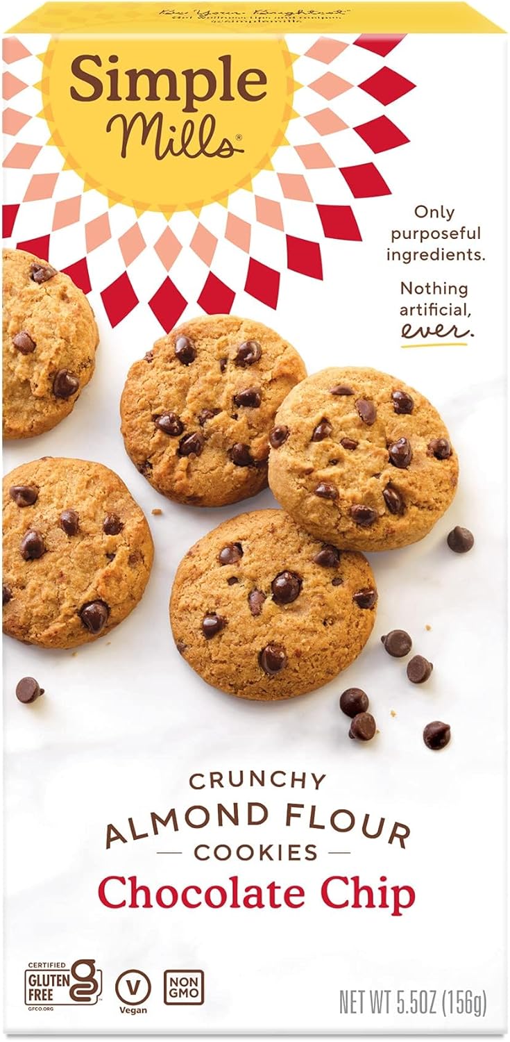 Simple Mills Almond Flour Chocolate Chip Cookies, Gluten Free and Delicious Crunchy Cookies, Organic Coconut Oil, Good for Snacks (Packaging May Vary)