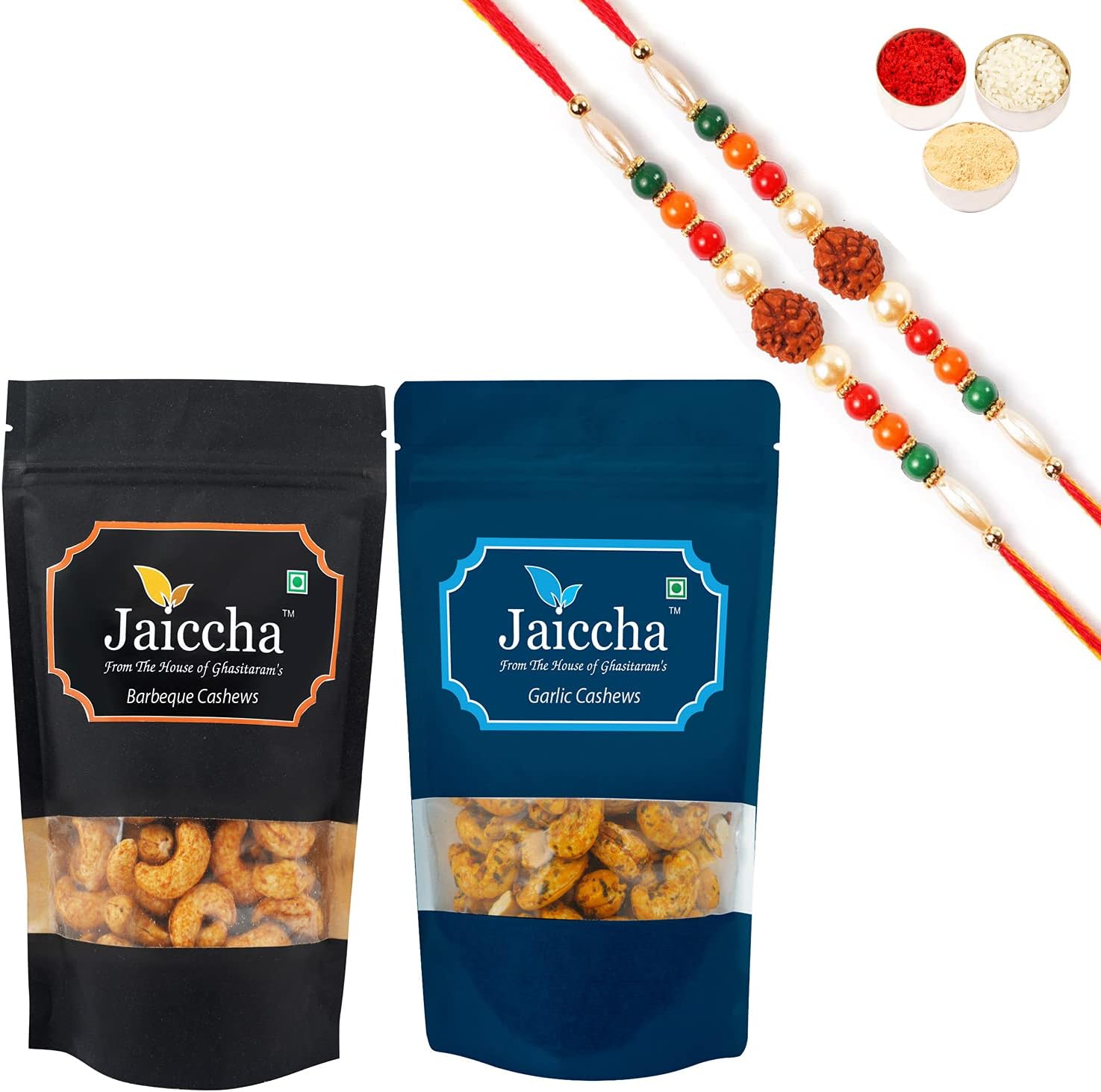 Jaiccha Ghasitaram Rakhi Gifts for Brothers Rakhi Dryfruits - Pack of 2 Garlic, Barbeque Cashews Pouches Small 200 GMS with 2 Rudraksh rakhis