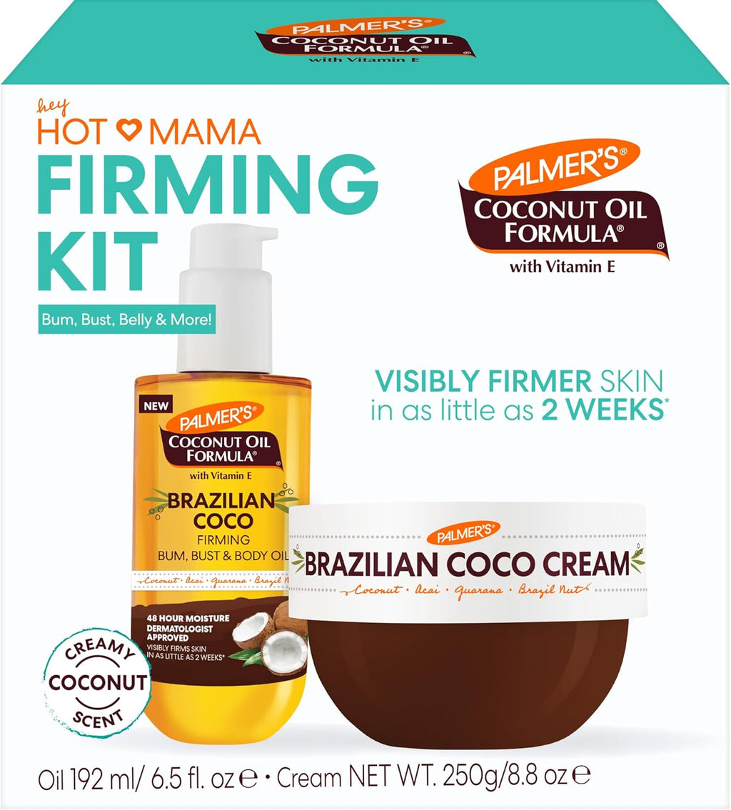Palmer's Brazilian Coco Hot Mama Firming Kit, Coconut Oil Formula Skin Care Duo with Firming Body Cream (8.8 Oz) + Body Oil (6.6 Fl Oz) Helps Tone Bum, Belly & Thighs, Provides 48 Hour Moisture