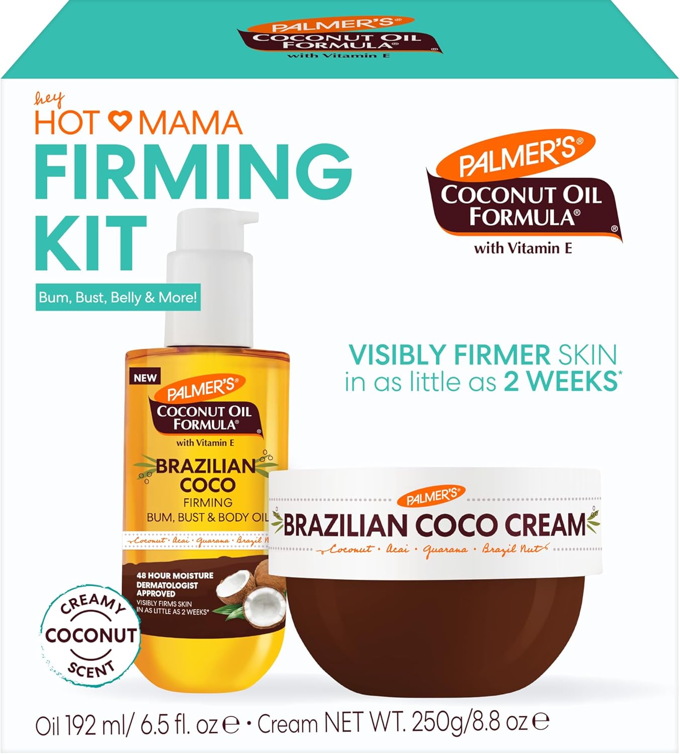 Palmer's Brazilian Coco Hot Mama Firming Kit, Coconut Oil Formula Skin Care Duo with Firming Body Cream (8.8 Oz) + Body Oil (6.6 Fl Oz) Helps Tone Bum, Belly & Thighs, Provides 48 Hour Moisture