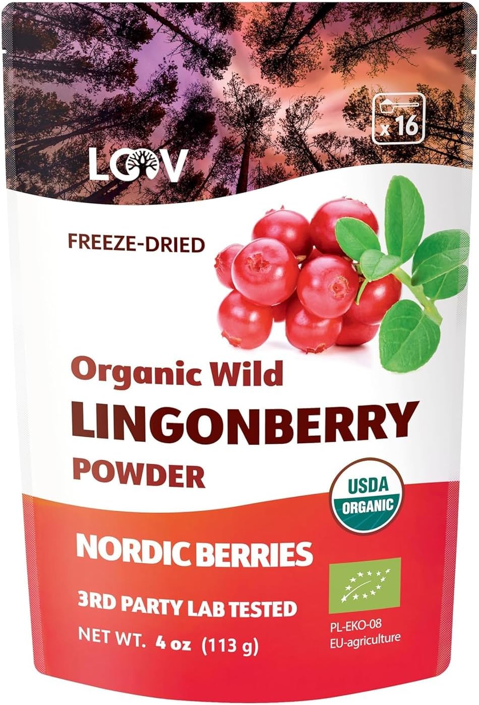 Organic Wild Lingonberry Powder – Freeze-Dried & Powdered Nordic Superberry, Traditional Scandinavian–Swedish Food – Pure, Non-GMO & No Added Sugar – 4oz (16 Servings)