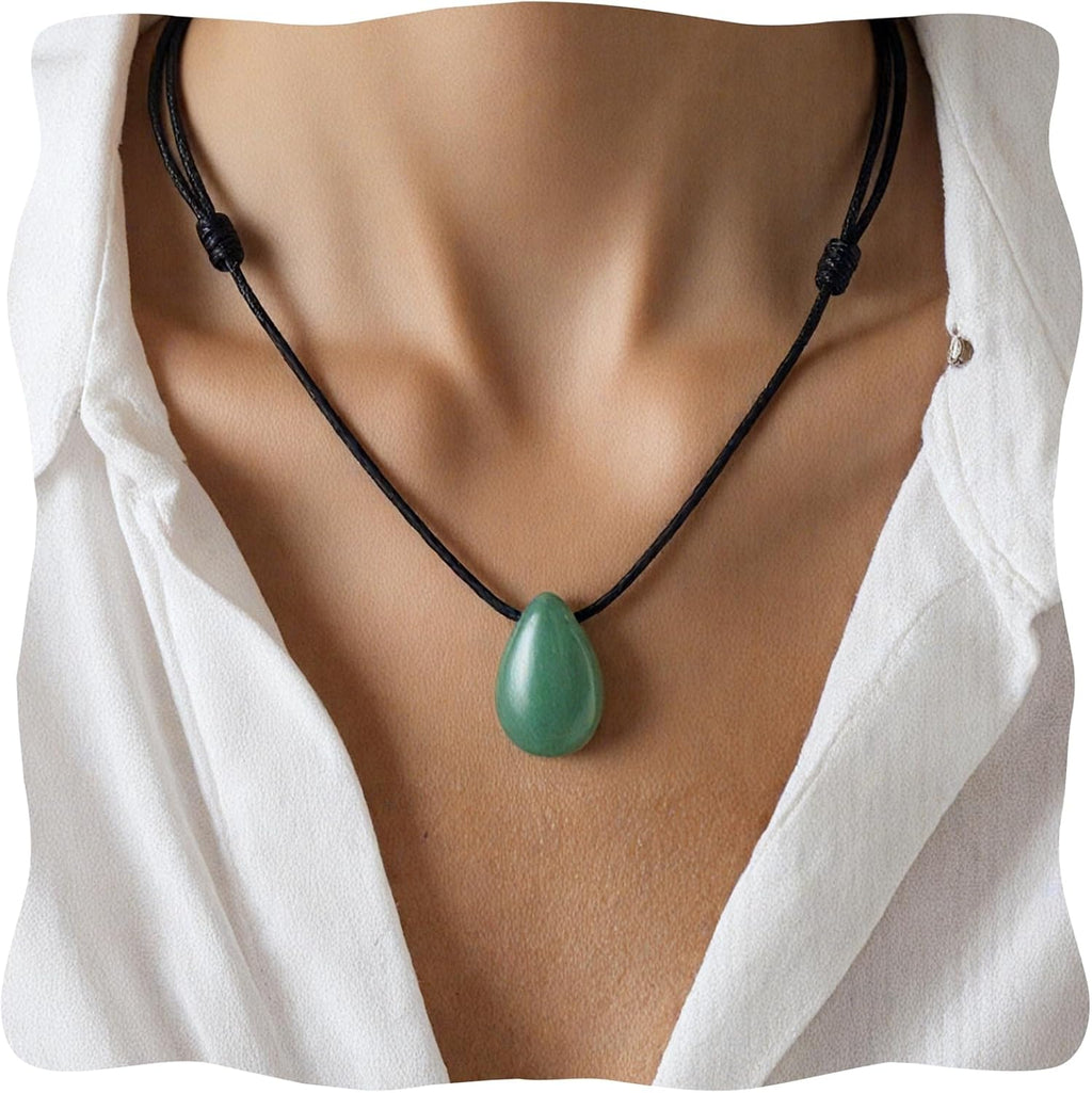 Green Aventurine Necklace, Healing Natural Stone Necklace for Women, Teardrop Shape Crystal Pendant Jade Necklace with Adjustable Rope
