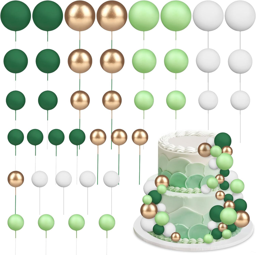 40Pcs Balls Cake Toppers Pearl Foam Ball Cake Picks Mini Balloon Cupcake Toppers Insert Bubble Balls DIY Decoration for Kids Baby Shower Birthday Party Wedding Supplies Green Gold White