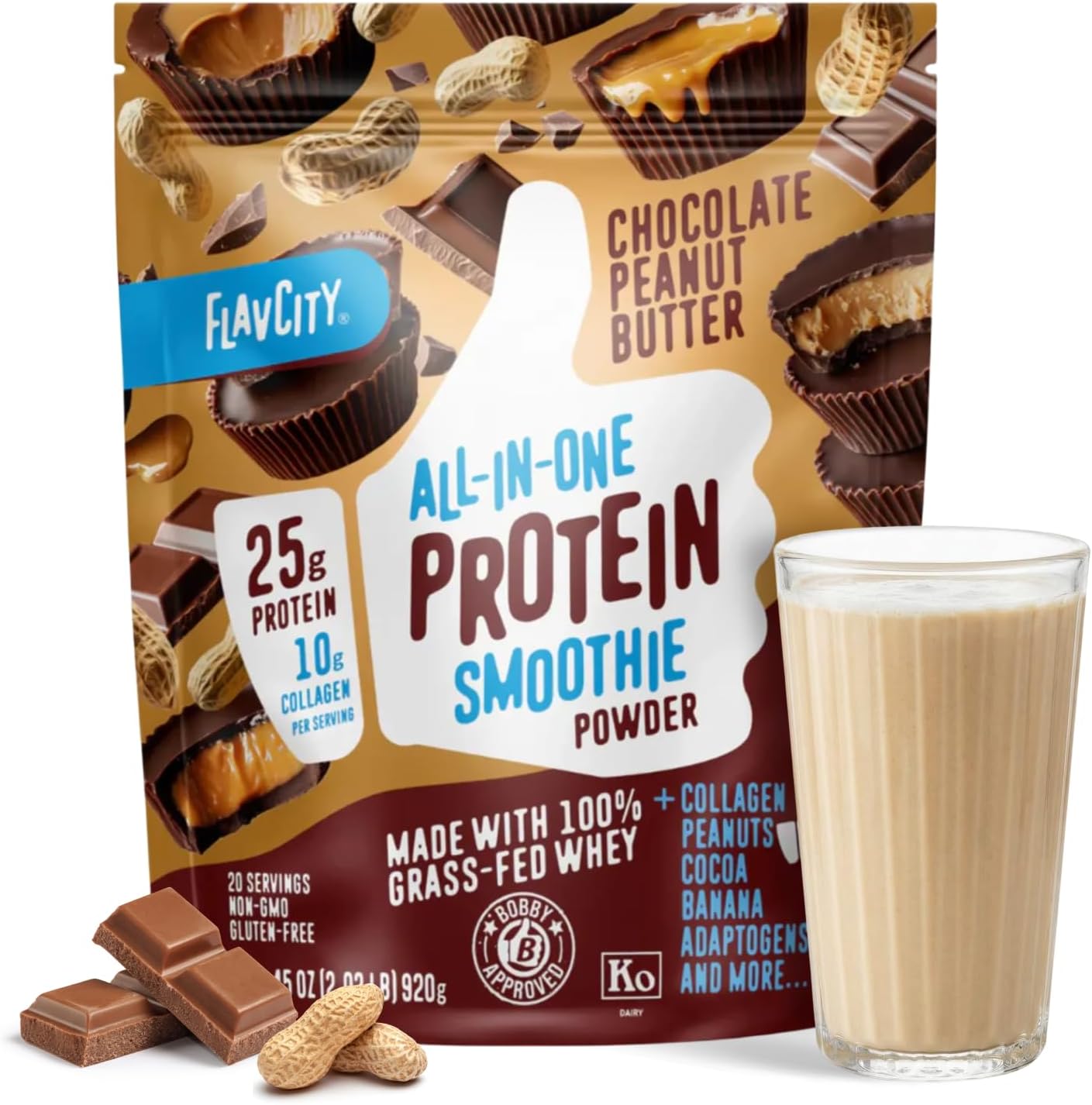 FlavCity Grass Fed Whey Chocolate Protein Powder - Chocolate Peanut Butter - 25g Protein & 10g Collagen - Made with Organic Cocoa & Coconut Milk - Gluten Free & No Added Sugars (20 Servings)