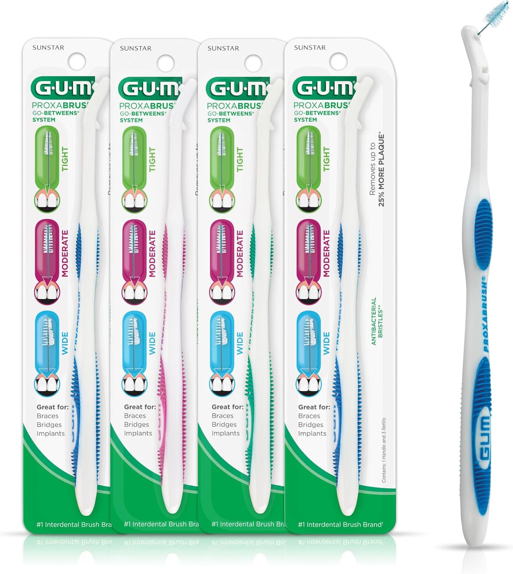 GUM Proxabrush Permanent Handle Refills - Compatible with Go-Betweens Interdental Brushes - Floss Picks for Teeth, Braces, and Implants (Pack of 4)