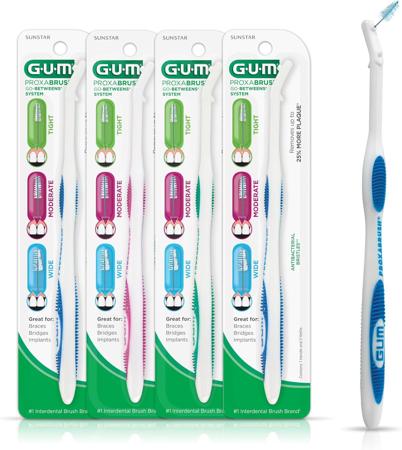 GUM Proxabrush Permanent Handle Refills - Compatible with Go-Betweens Interdental Brushes - Floss Picks for Teeth, Braces, and Implants (Pack of 4)