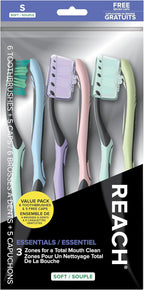 Reach Essentials Toothbrush with Toothbrush Caps, Multi-Zoned Angled Soft Bristles, Contoured Handle, Tongue Scraper, 6 Count