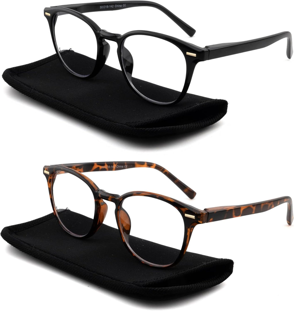 2 Pack Retro Round Reading Glasses for Women Men, Blue Light Blocking Circled Readers Eyewear with Spring Hinge