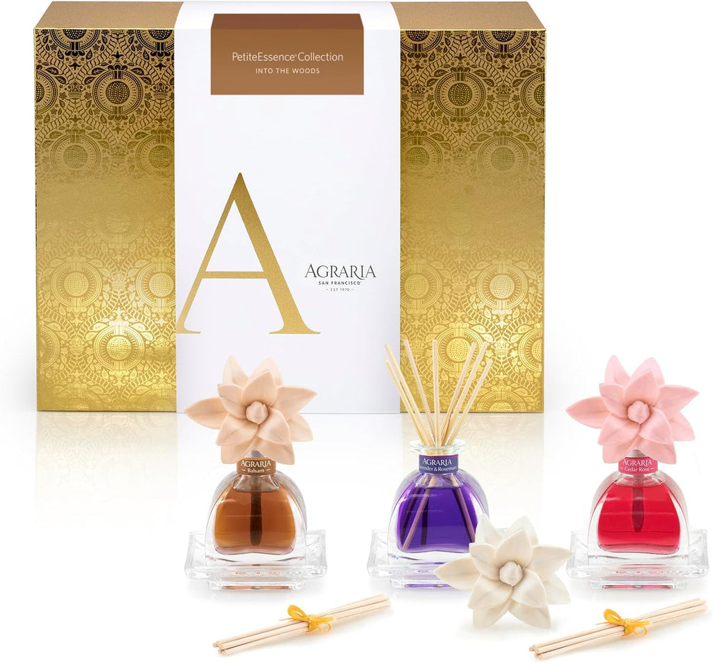 AGRARIA Into The Woods PetiteEssence Collection, Handmade Sola Flower Reed Diffuser Set of 3, Luxury Home Fragrance Scented Oil Diffuser Gift Set