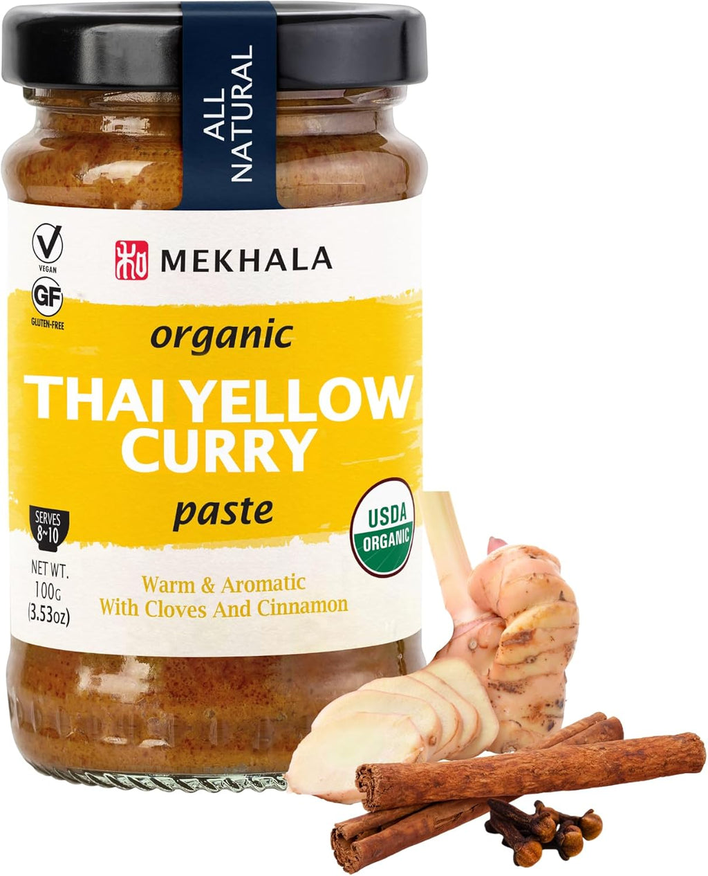 Mekhala Organic Thai Yellow Curry Paste. VEGAN. GLUTEN-FREE. NO ADDED SUGAR. Versatile. Mild Heat (3.53oz)