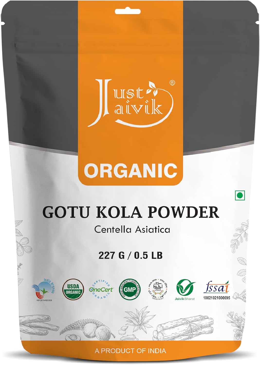 Just Jaivik 100% Organic Gotu Kola Powder, 1/2 Pound - 227g - USDA Organic - Centella Asiatica - Also known as Mandupakarni and Brahmi)