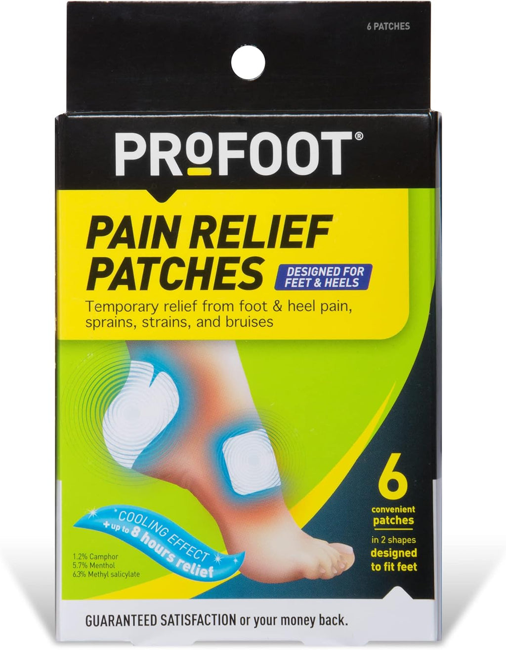 PROFOOT Pain Relief Patches for Foot & Heel Pain - 6 Count - Up to 8 Hours Relief from Sprains, Strains & Bruises