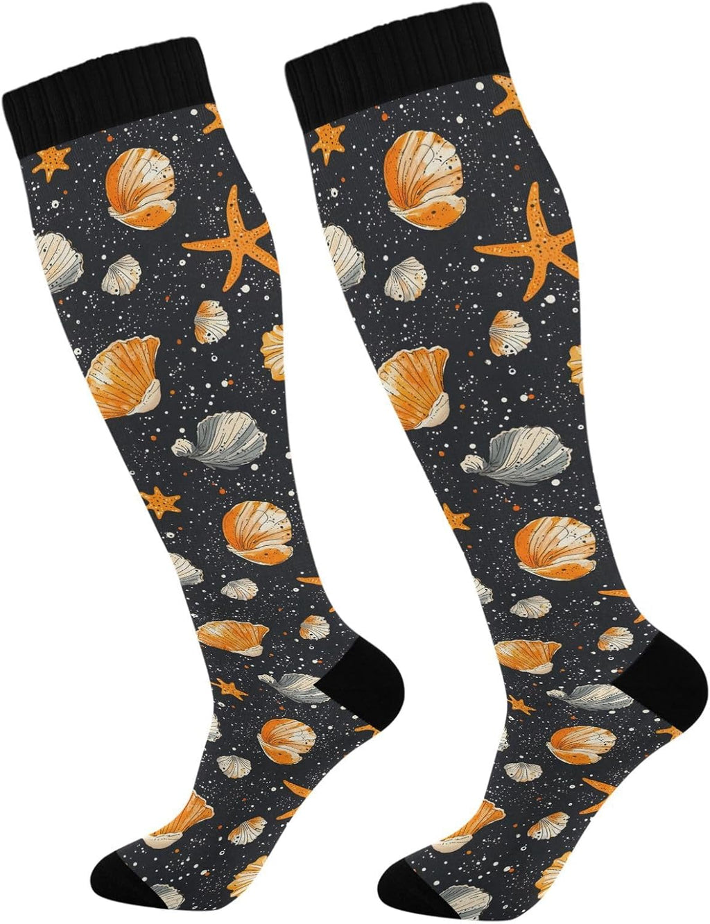 Seashell Starfish on Black Compression Socks for Women Men Knee High Socks for Running Athletic Nurse Cycling Sports