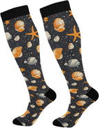 Seashell Starfish on Black Compression Socks for Women Men Knee High Socks for Running Athletic Nurse Cycling Sports