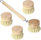Wooden Dish Brush Set, 4 Natural Bristle Replacement Heads with 1 Sturdy Wooden Handle, Sisal Kitchen Scrub Brush for Pots, Pans, Vegetables and Cookware