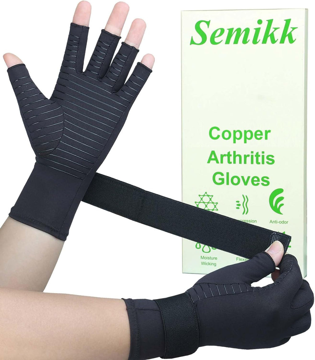 Copper Arthritis Gloves for Women Men, Fingerless Compression Gloves for Arthritis, Carpal Tunnel, Pain Relief, Swelling, Rheumatoid, Typing, Adjustable Wrist Strap (1pair, Small/Medium)