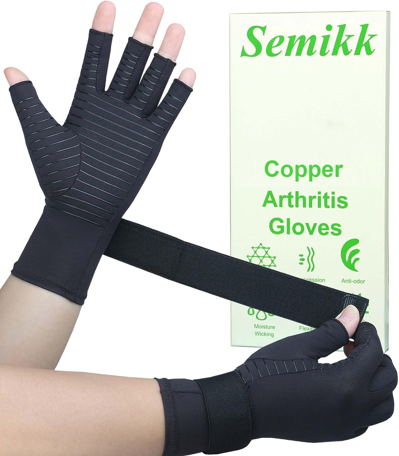 Copper Arthritis Gloves for Women Men, Fingerless Compression Gloves for Arthritis, Carpal Tunnel, Pain Relief, Swelling, Rheumatoid, Typing, Adjustable Wrist Strap (1pair, Small/Medium)