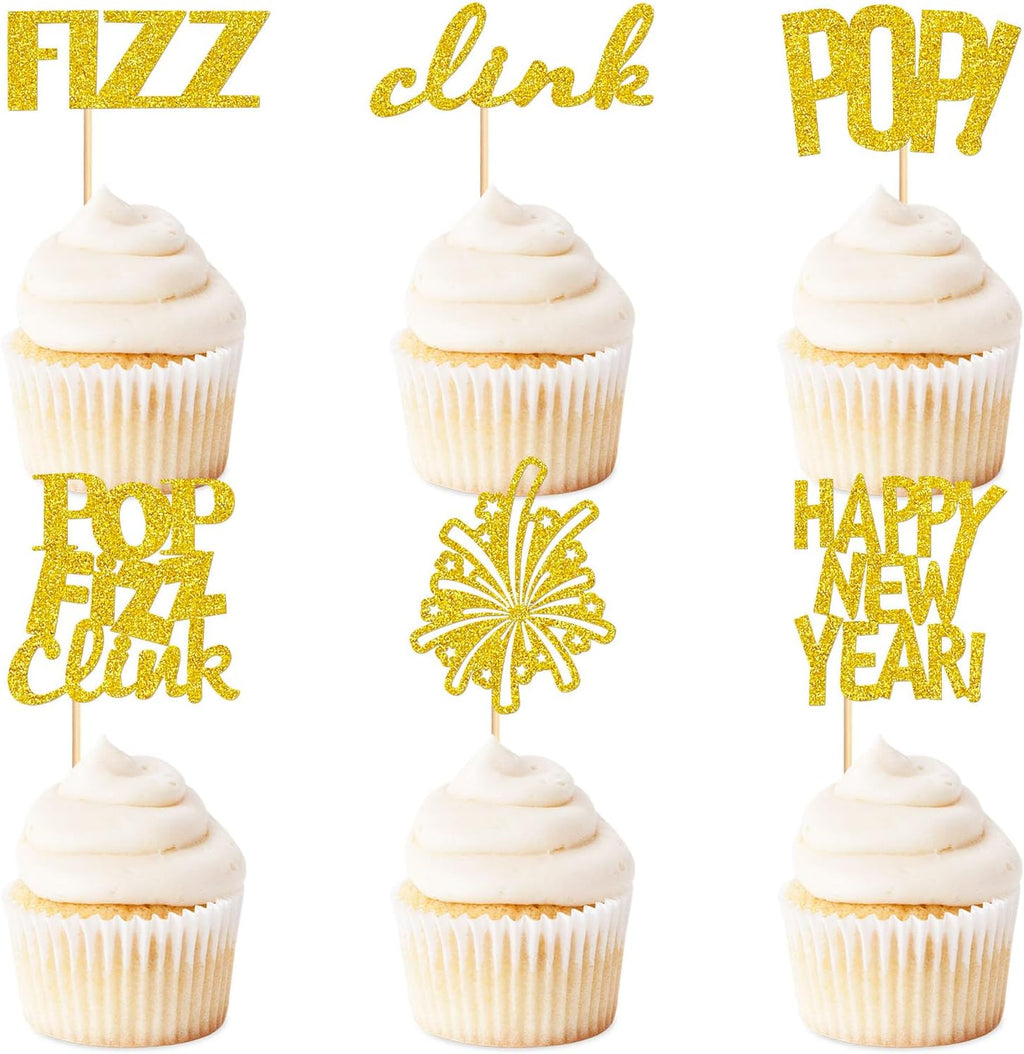 24 Pcs Happy New Year Cupcake Toppers Welcome 2026 Picks Fireworks FIZZ POP Clink Cupcake Toppers for Congratulations 2026 Happy New Year Eve Holiday Theme Holiday Party Decoration POP Gold