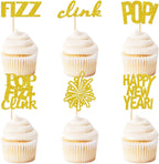 24 Pcs Happy New Year Cupcake Toppers Welcome 2026 Picks Fireworks FIZZ POP Clink Cupcake Toppers for Congratulations 2026 Happy New Year Eve Holiday Theme Holiday Party Decoration POP Gold