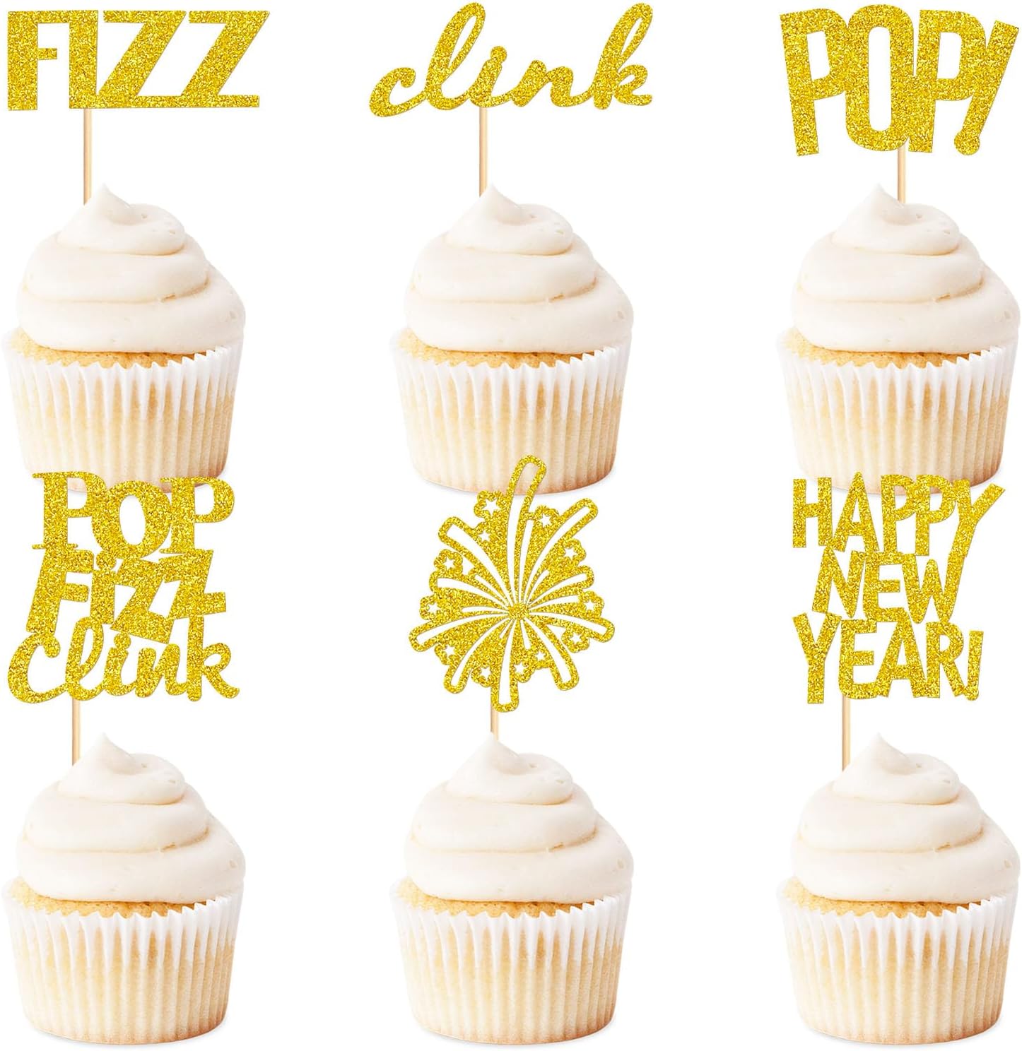 24 Pcs Happy New Year Cupcake Toppers Welcome 2026 Picks Fireworks FIZZ POP Clink Cupcake Toppers for Congratulations 2026 Happy New Year Eve Holiday Theme Holiday Party Decoration POP Gold