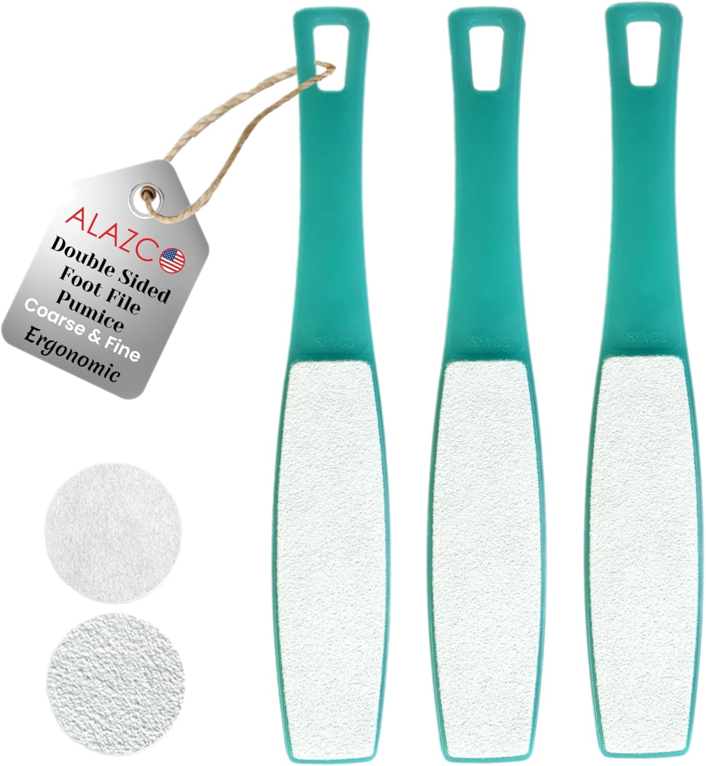 3 ALAZCO Double Sided Foot File Pumice Ergonomic Handle Scrubber Immediate Result Smooth Feet Heel Scraper Exfoliate Buffer Dead Skin Callus Corn Emery Fine & Coarse Pedicure Tool