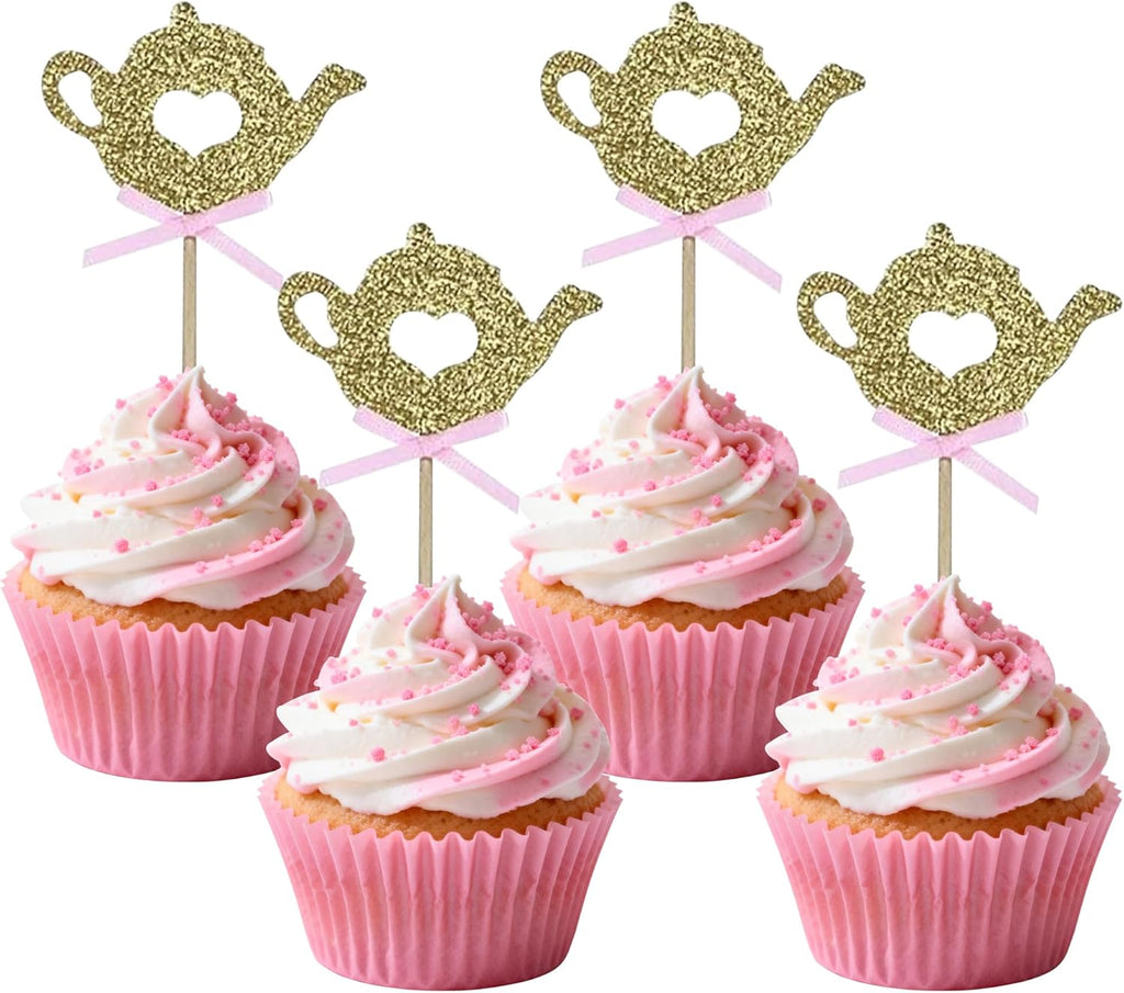 24 PCS Golden Glitter Teapot Cake Cupcake Toppers Picks for Tea Party Baby Shower Wedding Birthday Decorations