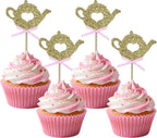 24 PCS Golden Glitter Teapot Cake Cupcake Toppers Picks for Tea Party Baby Shower Wedding Birthday Decorations