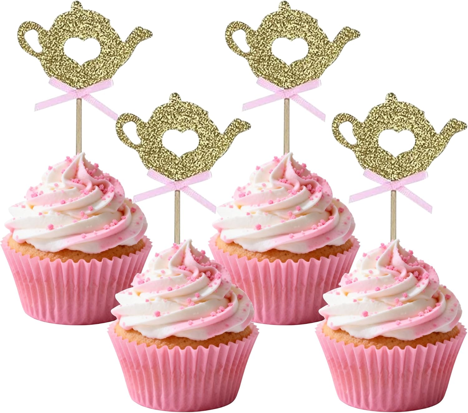 24 PCS Golden Glitter Teapot Cake Cupcake Toppers Picks for Tea Party Baby Shower Wedding Birthday Decorations