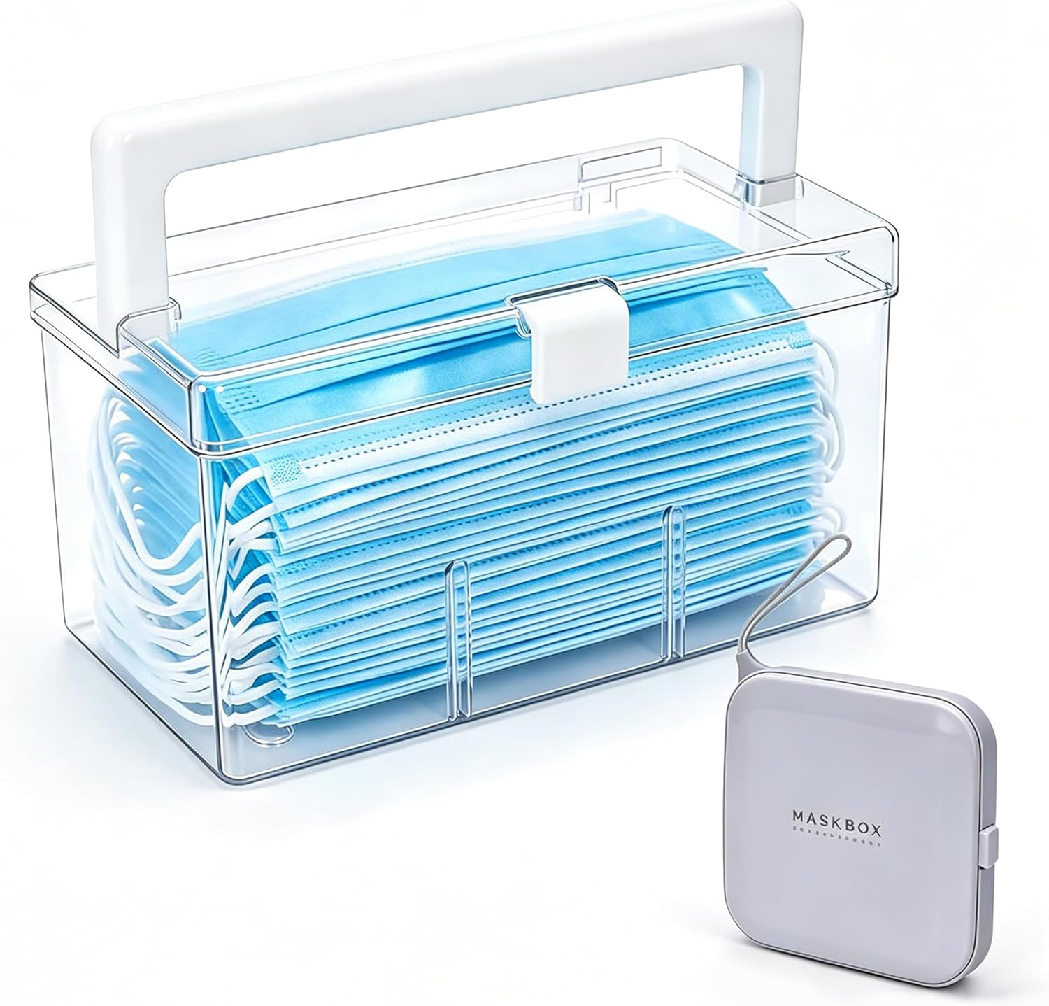 Face Mask Storage Box with Handle and Travel Case, Clear Countertop Portable mask Dispenser Organizer for Disposable Coverings, Entryway Holder for Home Office Car