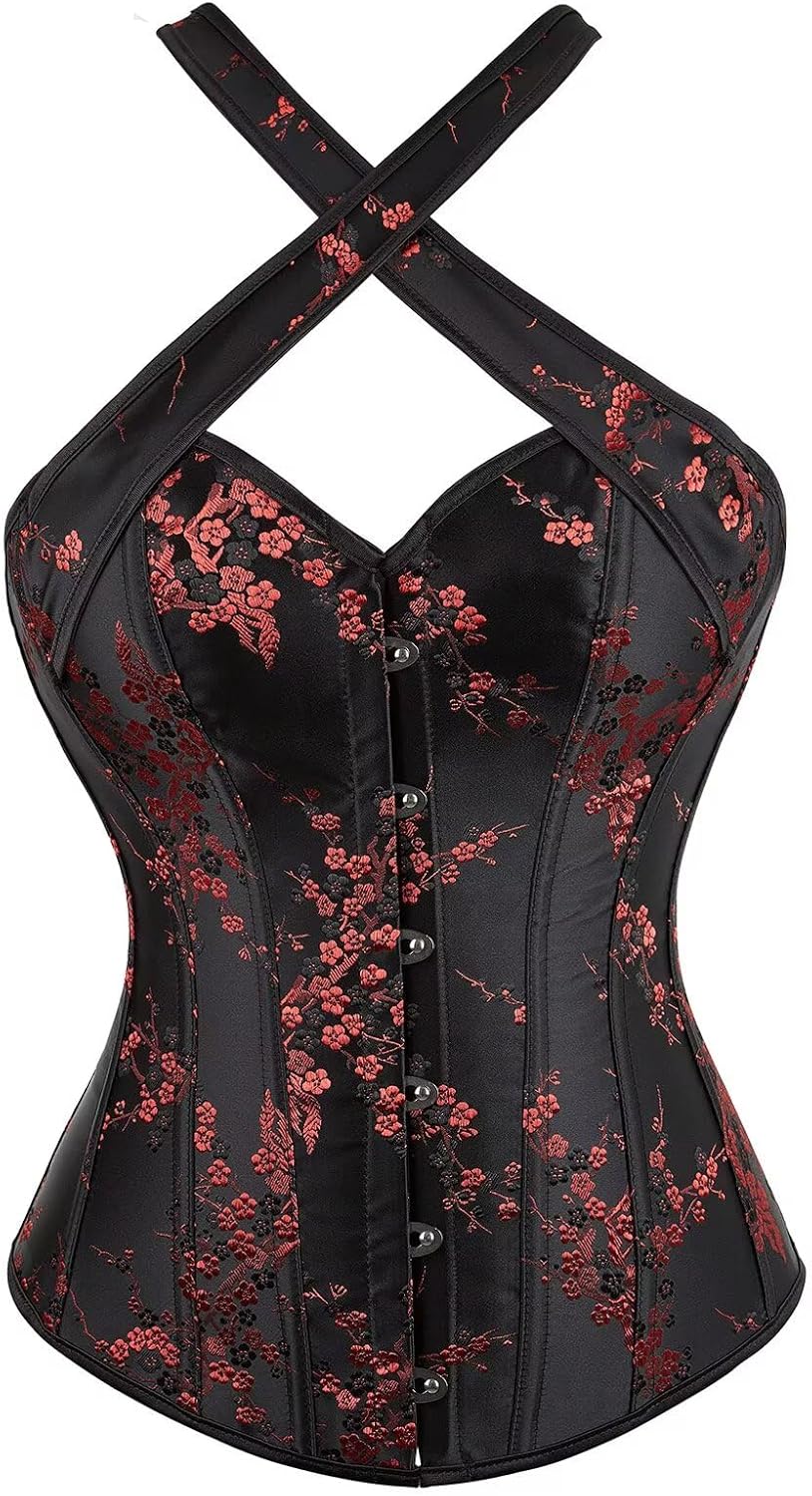 Corset Top Bustier Brocade Pattern Lace Through Top Floral Overbust Waist Cincher Embroidery