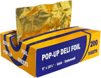 200 Count Pre-cut Pop-up Deli Aluminum Foil Sheets – Gold Color, 9’’ x 10.75’’ Disposable Wrappers for Food Wrap, 200 Sheets Pop-up Foil with Embossed Design