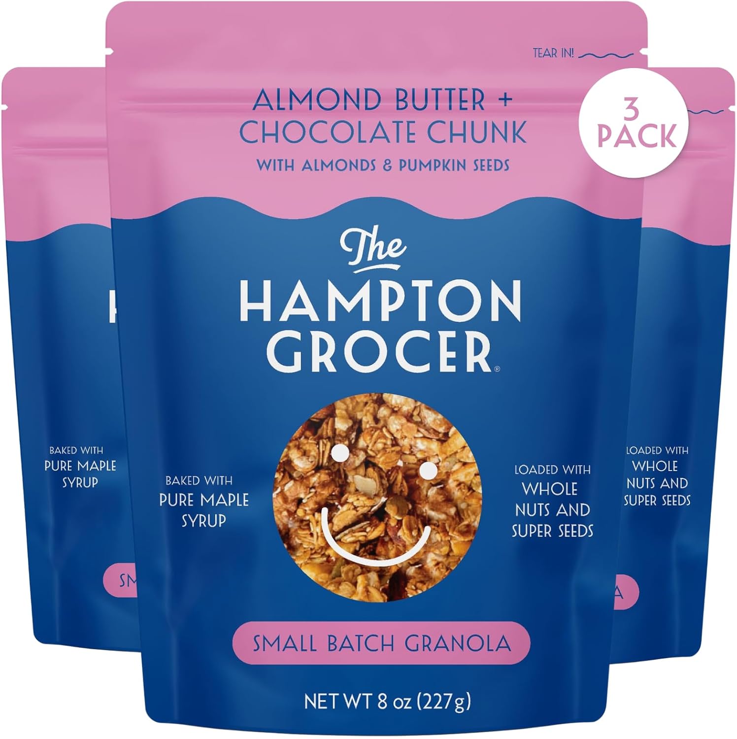 The Hampton Grocer Almond Butter & Chocolate Chunk Granola, 3 pack - Gluten-Free, Dairy-Free, Organic Oats & Pumpkin Seeds, Sweetened with Maple Syrup - Low Sugar, Crunchy, Small-Batch, 8oz