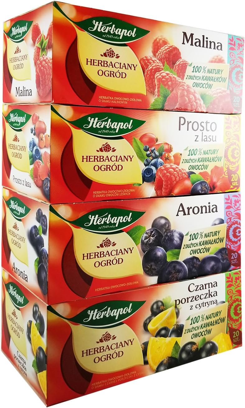 Herbapol Herbal Fruit Infused Tea (Variety Pack) Raspberry, Forest Fruit, Black Currant with Lemon & Aronia Tea Natural Flavor - 20 Silk Tea Bags Each