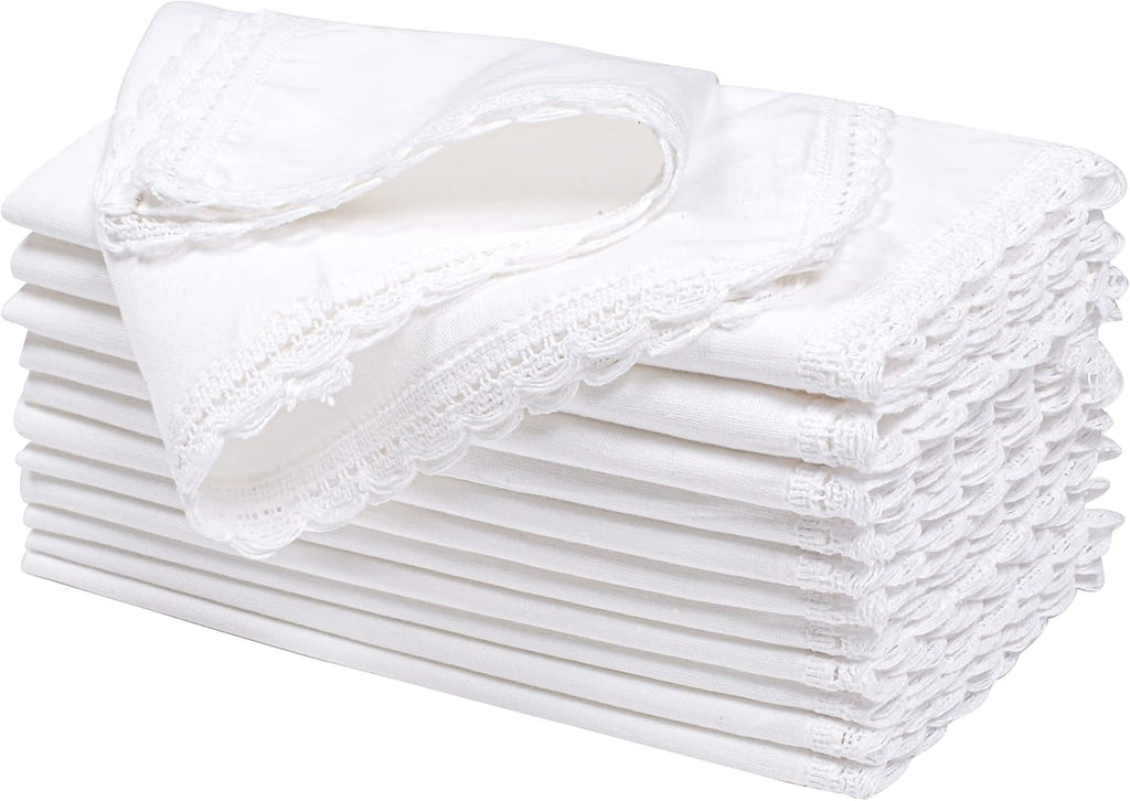 Ramanta Home White Coth Dinner Napkin Set of 12 Premium Easter Cotton 20X20 Inch Oversized Linen Flax Lace Soft & Durable Washable Ideal for Spring Basket Decor, Wedding Parties, Birthday